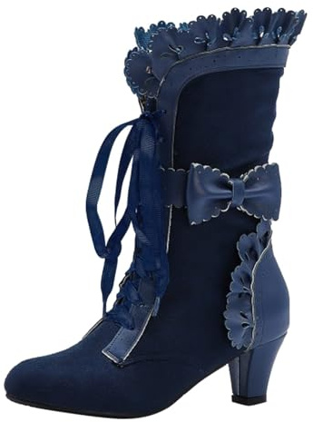 Xbemkste Stiefeletten Damen mit Absatz Vintage Viktorianische Stiefel Mittelhoch Schnürstiefel Mittelalter Schuhe Trachtenstiefel Hochzeitskleid Stiefel Elegant Halbstiefel (Blue, 36)