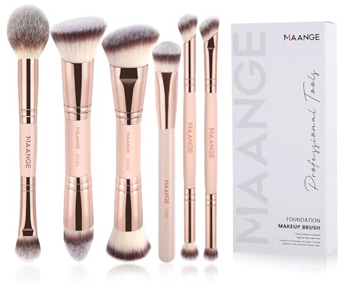 MAANGE 6-delat penselset makeup, professionell dubbelhuvud sminkborste foundation concealer puder rouge ögonskuggsborstar, vegansk och krispigt fritt guld