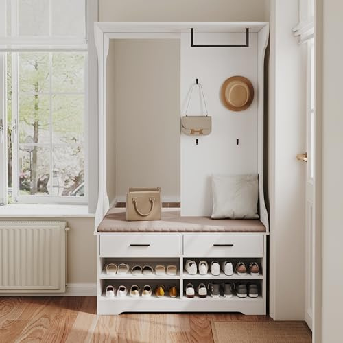 UTTQEW Set di appendiabiti da parete, con specchio, 4 ganci, scarpiera e scarpiera, set con ripiano, guardaroba compatto, mobili da corridoio, 104 x 35 x 180 cm (bianco)