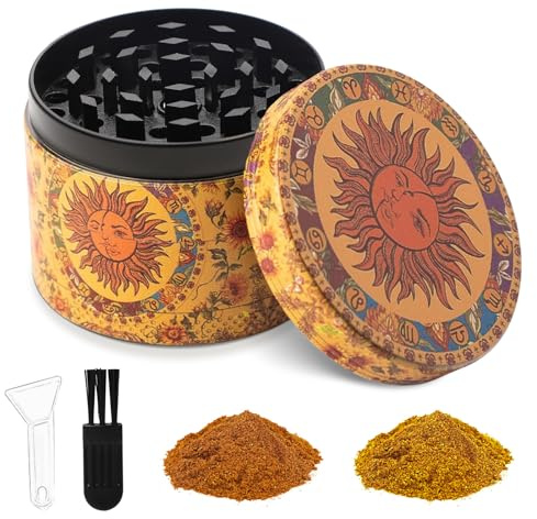 LHOEST Grinder 50MM Crusher 24 Grinding Teeth Metal Grinder Sun Design Cool 4 Layers Grinders Metal Crusher for Spice Mill with Scraper Plastic Brush