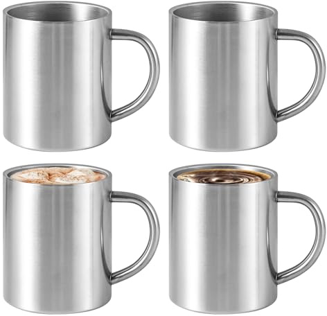4 stycken termosmugg i rostfritt stål, 300 ml rostfritt stål kaffemuggar, rostfritt stålmuggar med handtag, dubbelväggiga isoleringskoppar i rostfritt stål, camping, utan lock för camping, utomhus