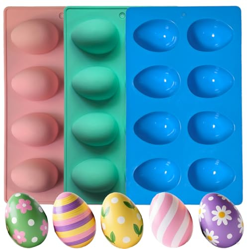 3Pcs 8-Cavity Easter Egg Shape Silicone Molds - Silicone Egg Molds for DIY Cake Decoration, Chocolate, Candy, Jello, Pastry, Muffin, Bread, Ice Cube