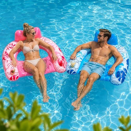 Matelas Gonflable Piscine, 2 sièges gonflables Bleu et Rose pour Adultes | Siège piscine gonflable avec appuie-tête et porte-gobelets, chaise gonflable piscine et fauteuil flottant pour adultes