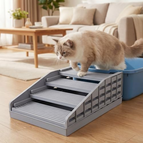 Paso Ajustable para Caja Arena, Antideslizante Anti-Rastreo Rampa Escalera Gato Fácil Limpiar Desmontable Combinable Accesorios Arenero Automático para Gatos Mayores Pequeños (Gris)