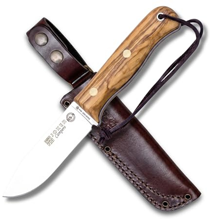 Joker Bushcraft kniv BS9 Campero CO112, bälteskniv med handtag av olivträträ, läderslida, blad 10,5 cm av stål Sandvik 14C28N, verktyg för fiske, jakt, camping och vandring