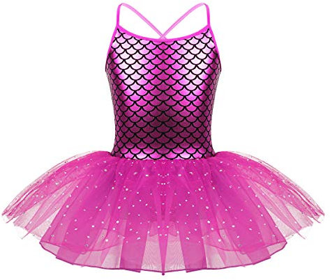 FEESHOW Mädchen Ballettkleid Tütü Fischschuppen Meerjungfrau Prinzessin Kleid Ballett Tanz Trikot Tutu Rock Gymnastik Fasching Karneval Outfit Rosa 110