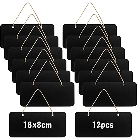 12 Piece Hanging Blackboard Sign, 18x8cm Wooden Rectangle Chalkboard Tags with Rope for Wedding Party Decoration