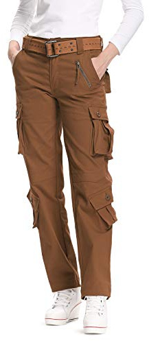 Aeslech Womens Cargo Work Combat Trousers Cotton Casual Tactical Pants Ladies Travel Coffee Brown US 12 - UK 14