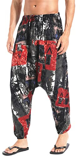 AITFINEISM Herrbyxor Med Dragsko Lässige Hippie Harem Byxor Löst Drop Crotch Byxor (L, Stil 4)