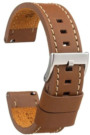 Diloy Bracelet cuir veau ciré style vintage couture blanche – Pour montre sportive ou classique – Tailles 18mm 20mm 22mm 24mm 26mm – Fait main – Noir ou marron 384 Brun Clair 24mm