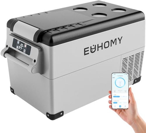 EUHOMY 30,6L Kompressor Kühlbox 12V/24V DC - Kühl-Gefrier-Kombi (-20℃~20℃) mit App & LCD-Display | Tragbarer Campingkühlschrank für Wohnmobil, Auto, Boot | 3-Stufen-Batterieschutz (ECO/MAX), ≤45dB