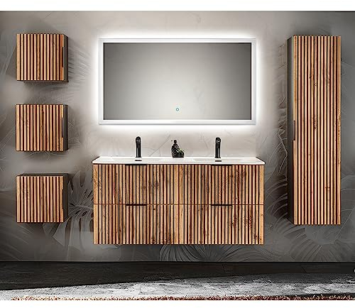 Lomadox Badmöbel Komplett Set Fronten mit Rillen Doppelwaschtisch 121 cm Keramik Waschbecken 3 Hängeschränke Hochschrank Spiegel Beleuchtung anthrazit mit Eiche Nb. schwarz