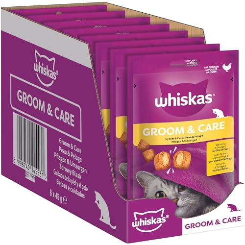 Whiskas Groom and Care - Cat Treats - Small Bite Size Snacks with Chicken Filling - 8 x 45 g