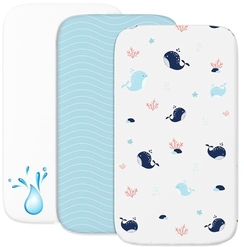 2 Sabanas Minicuna + 1 cubrecolchon para minicunas para Bebes Impermeable elástico - Lote de 3 Ropa de Cuna - Talla 55x90cm - Compatible con cunas, colchon - Niño y Niña - Océano