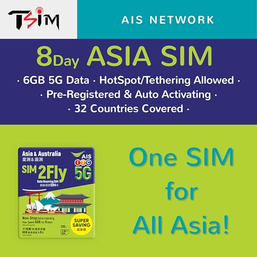 TSIM Tarjeta SIM de Asia y Australia | 8 días 6 GB | Ahora con red 5G | Activación automática | Australia, Bali, Camboya, China, Hong Kong, Indonesia, Japón, Malasia, Singapur, Corea del Sur, Taiwán,