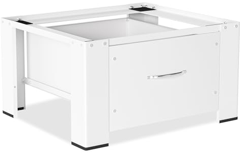 Fiqops Waschmaschinen Untergestell mit Schublade bis 150kg, waschmaschinen-erhöhung mit Schublade, Waschmaschinen-Unterschrank Sockel max. Stahl Podest 62.5x54.5x32.5cm Weiß
