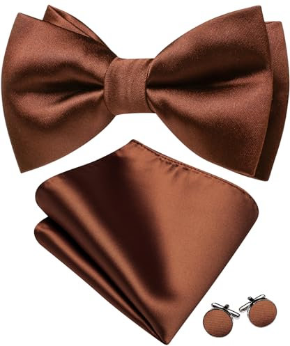 Barry.Wang Mens Brown Bow Tie Paisley Silk Pre-Tied Bowtie Pocket Square Cufflinks Set Formal Wedding Prom Party Tuxedo