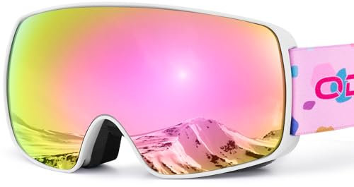 Odoland Skibrille Kinder, UV-Schutz Snowboardbrille OTG mit Anti-Nebel für Jungen Mädchen, Verspiegelt Schneebrille Helmkompatible für Skifahren Snowboard Skaten Weiß Rosa