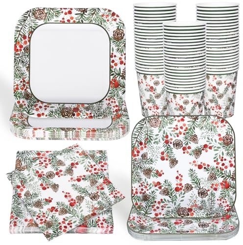 JarThenaAMCS 96Pcs Christmas Paper Tableware Set Holly Berry Pine Cone Party Supplies Xmas Square Disposable Plates Napkins and Cups For 24 Guest Winter Holiday Birthday