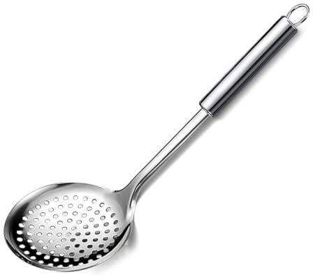 Skimmer Slotted Spoon with Ergonomic Handle Comfortable Grip Stainless Steel Oil Strainer Cooking Spoon Strainer Ladle for Kitchen Frying Food Pasta Spaghetti & Noodles