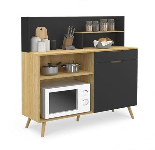 IDMarket - Buffet - Fondo de cocina, 120 cm, Olaf encimera H.83 cm, 1 puerta + 1 cajón de madera de haya y negro