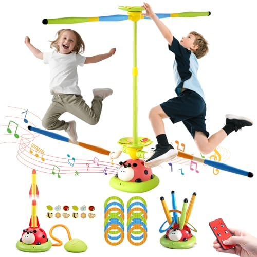 RoserRose 5 in 1 Giochi da Giardino per Bambini, Spara Razzi, Corda per Saltare, Lancio Anelli, Schivata e Salto, Giochi da Esterno con Telecomando, Giocattolo per Bambini 3 4 5 6 7 8 Anni