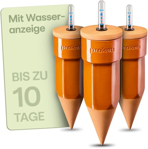 Praknu 3 x Coni di Irrigazione in Terracotta con Coperchio e Indicatore del Livello dell’Acqua – Fino a 10 Giorni di Irrigazione Automatica – Facile da Pulire – Distributore d’Acqua per le Vacanze