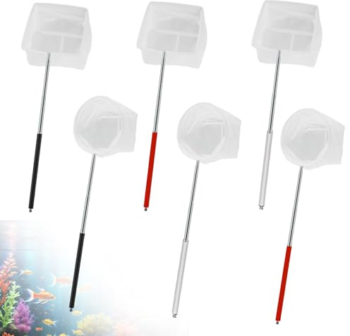 Lot de 6 petites épuisettes d'aquarium - 6,5/8 cm - Avec manche télescopique en caoutchouc antidérapant - Accessoire d'aquarium rond / carré - Pour bassin, bassin à poissons, petites piscines