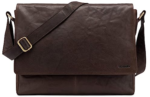 LEABAGS Bolso Bandolera para Hombres y Mujeres | Bolso Mensajero con Correa | Bolsa Cuero Genuino para Portátil 15 | Bolsa de Hombro | Bolsa de Trabajo | Bolsa de Transporte | Umber