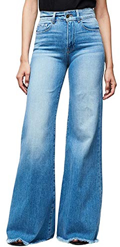 Jeans évasés pour femme Coupe large Taille haute Rétro Bootcut Raw Ourlet Denim Pantalon - Bleu - 48
