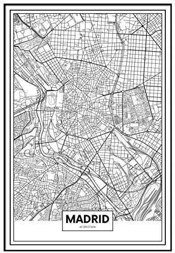 Panorama Cuadro Enmarcado Mapa de Ciudad Madrid 50x70cm - Impreso en Papel Rígido - Incluye Marco - Decoración Salón - Póster Decorativos para Dormitorio y Salón