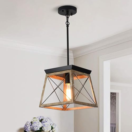 Ganeed Colgante de casa de campo Jaula de metal ligero Linterna rústica Lámpara araña Lámpara colgante de altura ajustable para cocina Isla Comedor Vestíbulo del dormitorio E27 Color de madera 1 luz