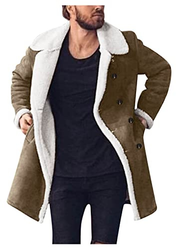 Beokeuioe Veste pour homme manteau d'hiver parka revers polaire en peluche cardigan cuir longue chaude épaisse peau de mouton cachemire vestes d'hiver, kaki, XXL