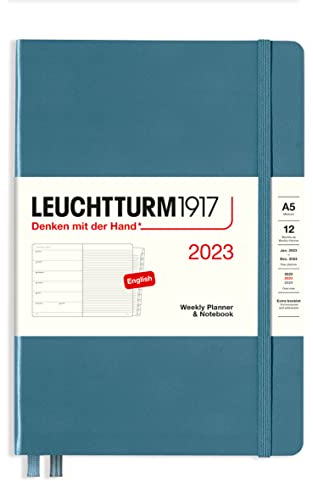 LEUCHTTURM1917 365887 Wochenkalender & Notizbuch Medium (A5) 2023, 12 Monate, Stone Blue, Englisch