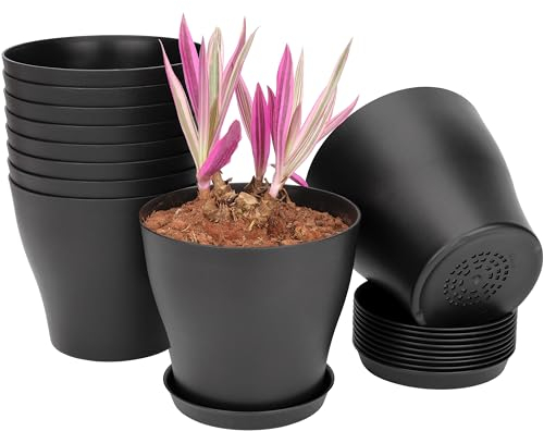 BELLE VOUS 10 Stück 13,5 cm Schwarze Kunststoff Blumentopf mit Untersetzer - Großer Blumentopf mit Drainagelöchern - Blumentöpfe für Zimmerpflanzen & Balkon Sukkulenten Kaktus