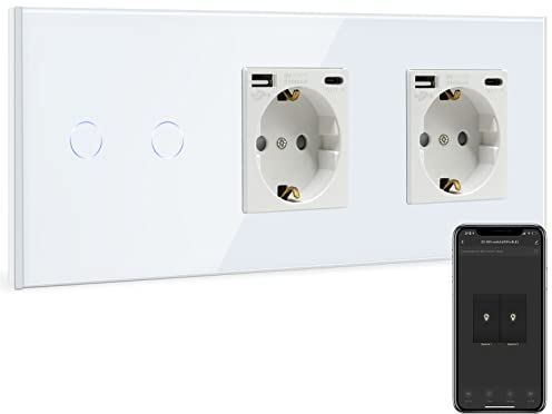 BSEED Normal Steckdose mit Smart Alexa Lichtschalter,arbeitet mit Alexa,Google Home, 2 Fach 1 Weg Smart Lichtschalter mit Doppel USB Steckdose (Max. 2.1A) Typ C Port Weiß (Nullleiter benötigt)