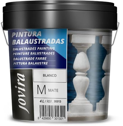 JOVIRA PINTURAS Pinturas Balaustradas, acabado Mate al Agua. Especial para Recubrimientos de Balaustradas y Celosías de Yeso y Hormigón. (4 Litros, Blanco) A-53B