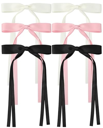 AWAYTR Silky Satin Hair Bow Clip, 3 Pack - Pink, Beige, Black (Long tail, Hair Accessory, Hair Securing, Women, All Ages, Hair Clip)