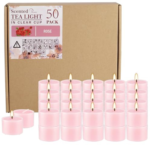Velas aromáticas de rosa en taza transparente, 8 horas de combustión limpia constante, sin golpes, ideal para vacaciones, bodas, spa, emergencia y decoración del hogar (rosa, 50 unidades)