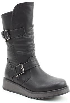 Heavenly Feet Hannah4 Ladies Mid Calf Boots – Vegan Friendly Womens Casual Boots with Twin Buckle Straps, Side Zip & Memory Foam Insole, Comfortable Low Wedge Boots for Women, Black Size 7