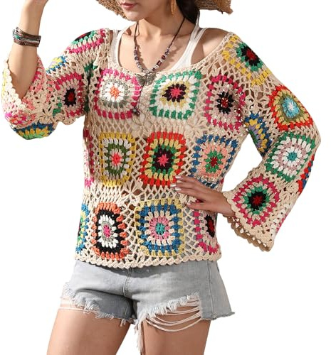 Crochet africain Fleur Granny Pull Carré Pull Coloré Bloc Tricot Cover Up Hollow Out Manches Longues Plage Tenues, beige, Taille Unique