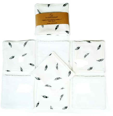 Lingettes démaquillantes lavables bambou, cotons réutilisables, pads, fait main, lot de 7 (Blanc à motifs)