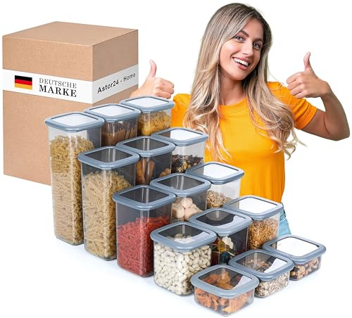 astor24 PREMIUM Vorratsdosen Set mit Deckel Luftdicht | 15er Vorratsbehälter | BPA-FREI | Müsli Mehl und Zucker | 0,4-2 Liter | 5 Größen | Aufbewahrung & Organisation für alle Lebensmittel