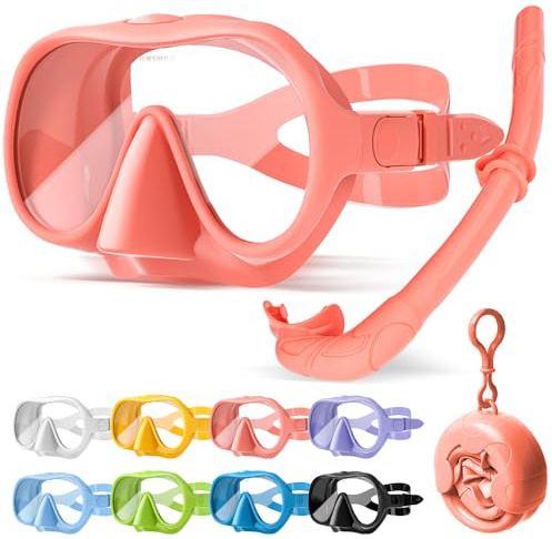 HINATAA Gafas de Buceo para Adultos, Macaron Colores Frameless Gafas y Tubo de Snorkel Set, Vista Ultra Amplia Templado Lente Antifugas Gafas Buceo Set para Snorkel y Buceo (Rosa+Snorkel)