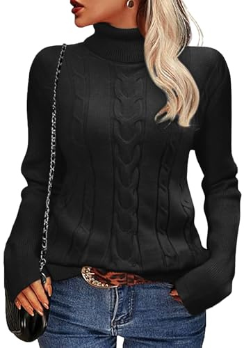 Xnova Pull col Roulé Tricot Femmes Hiver Chaud Manches Longues, Thermal Pulls Top en Maille Irlandais, Confortable Basique Pullover Laine Chic Ajusté Moderne Serré Haut Automne Hiver (Noir, L)
