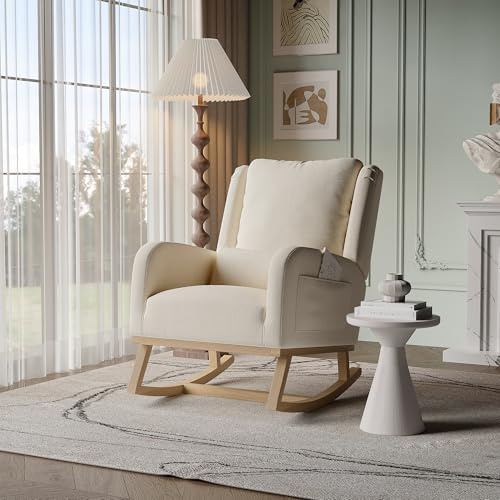 AONYAYBM Schaukelstuhl, skandinavisch, Stillsessel, skandinavischer Sessel, Freizeit und Ruhe, aus Stoff mit Beinen aus Holz, Metall, für Wohnzimmer, Schlafzimmer, Beige