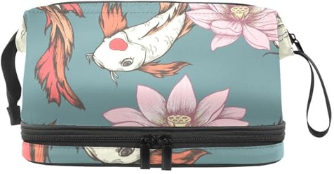 Koi - Neceser de doble capa con diseño de carpas y flores de loto para mujeres y niñas, neceser de viaje, organizador de maquillaje, con compartimento para cepillos, multicolor, 27x15x14
