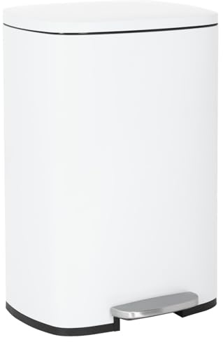 13 Gallon/50 Liter Kitchen Trash Can, Fingerprint Proof Stainless Steel Kitchen Garbage Can with Removable Inner Bucket and Hinged Lids, Step Trash Bin Pedal Rubbish Bin for Home Office,WHITE