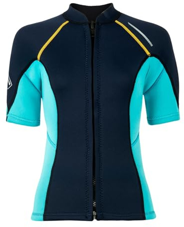 Winying Costume da bagno da donna, UV, a maniche corte, 1,5 mm, in neoprene, con cerniera frontale, per nuoto e sport acquatici, blu navy, M