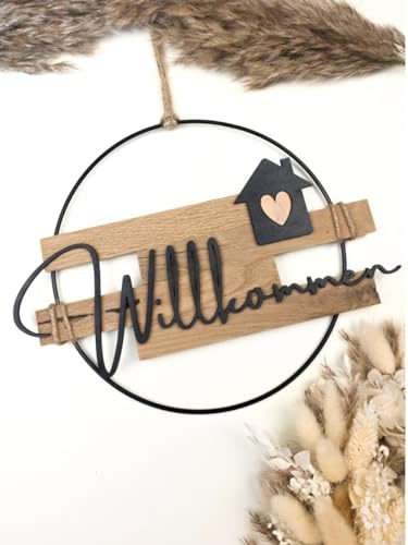 WIDEGO Türkranz Willkommen aus Holz | 20cm, 25cm und 30cm | Türkranz ganzjährig | Willkommen Schild Haustür | Haustürdeko (25cm)